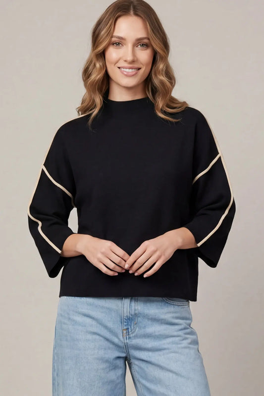 Classy Tan Trim on Black Mock Sweater