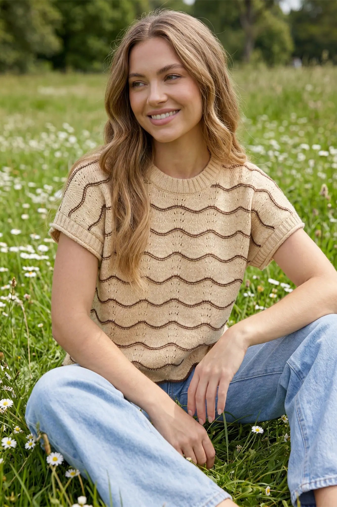 Lt. Taupe Scallop Striped Sweater Top