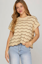 Lt. Taupe Scallop Striped Sweater Top