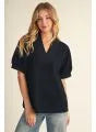 Rib Contrast V Neck Solid Top- Black