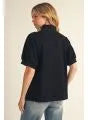Rib Contrast V Neck Solid Top- Black