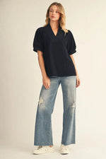 Rib Contrast V Neck Solid Top- Black