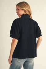 Rib Contrast V Neck Solid Top- Black