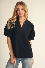 Rib Contrast V Neck Solid Top- Black