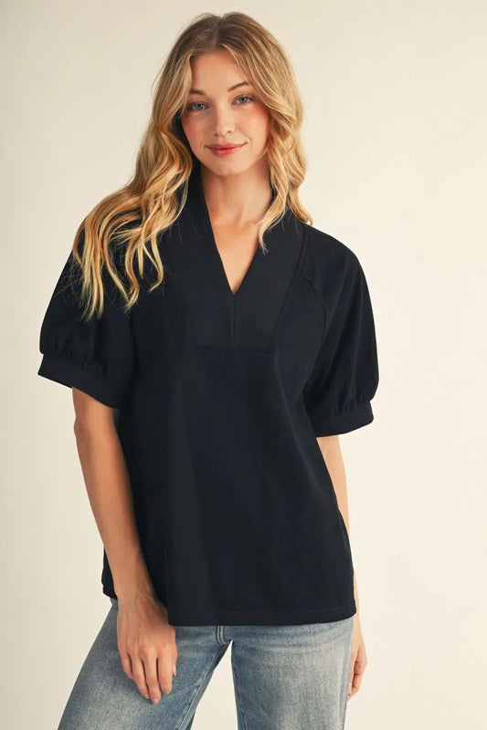 Rib Contrast V Neck Solid Top- Black