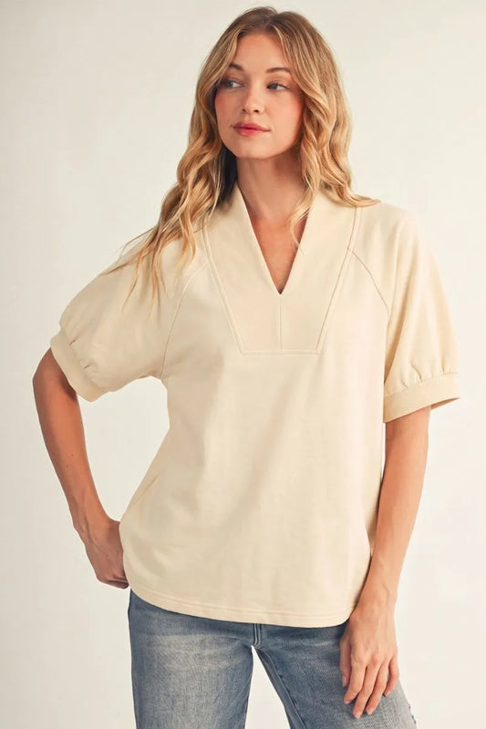 Rib Contrast V Neck Solid Top-Beige