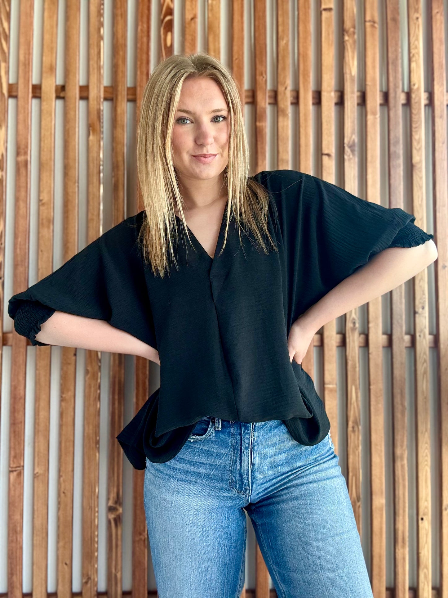 Flowy Smocked Sleeve Band Top - Black