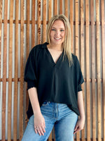 Flowy Smocked Sleeve Band Top - Black