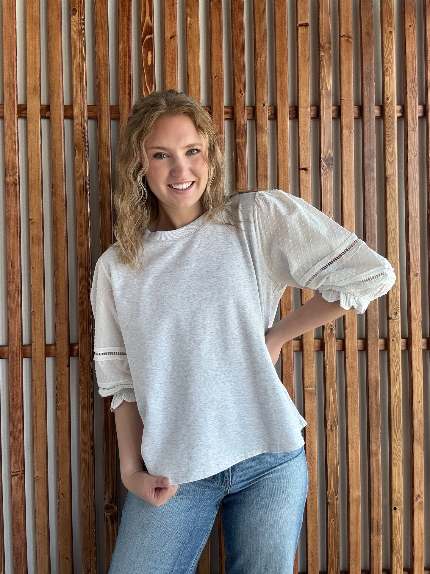 Swiss Dot Puff Sleeve Top - Heathered Grey