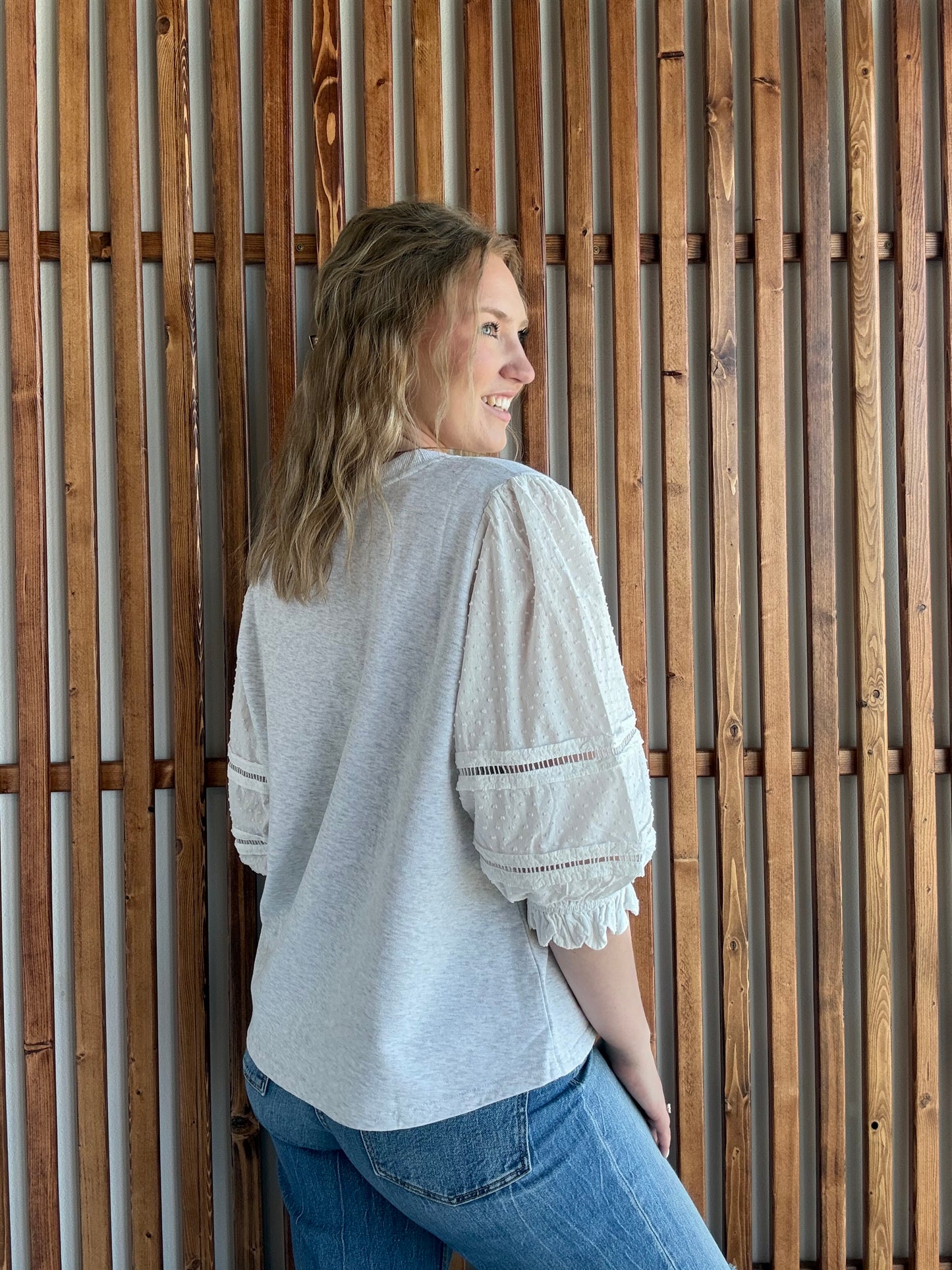 Swiss Dot Puff Sleeve Top - Heathered Grey