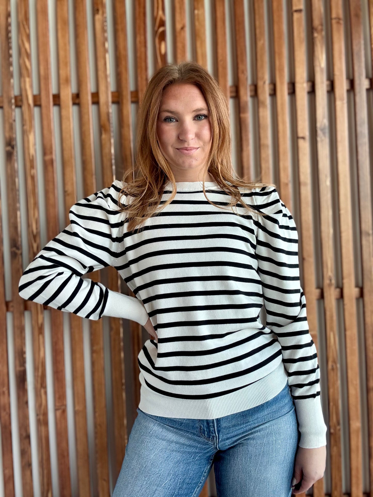 Crew Neck Puff Sleeve Striped Knit Sweater