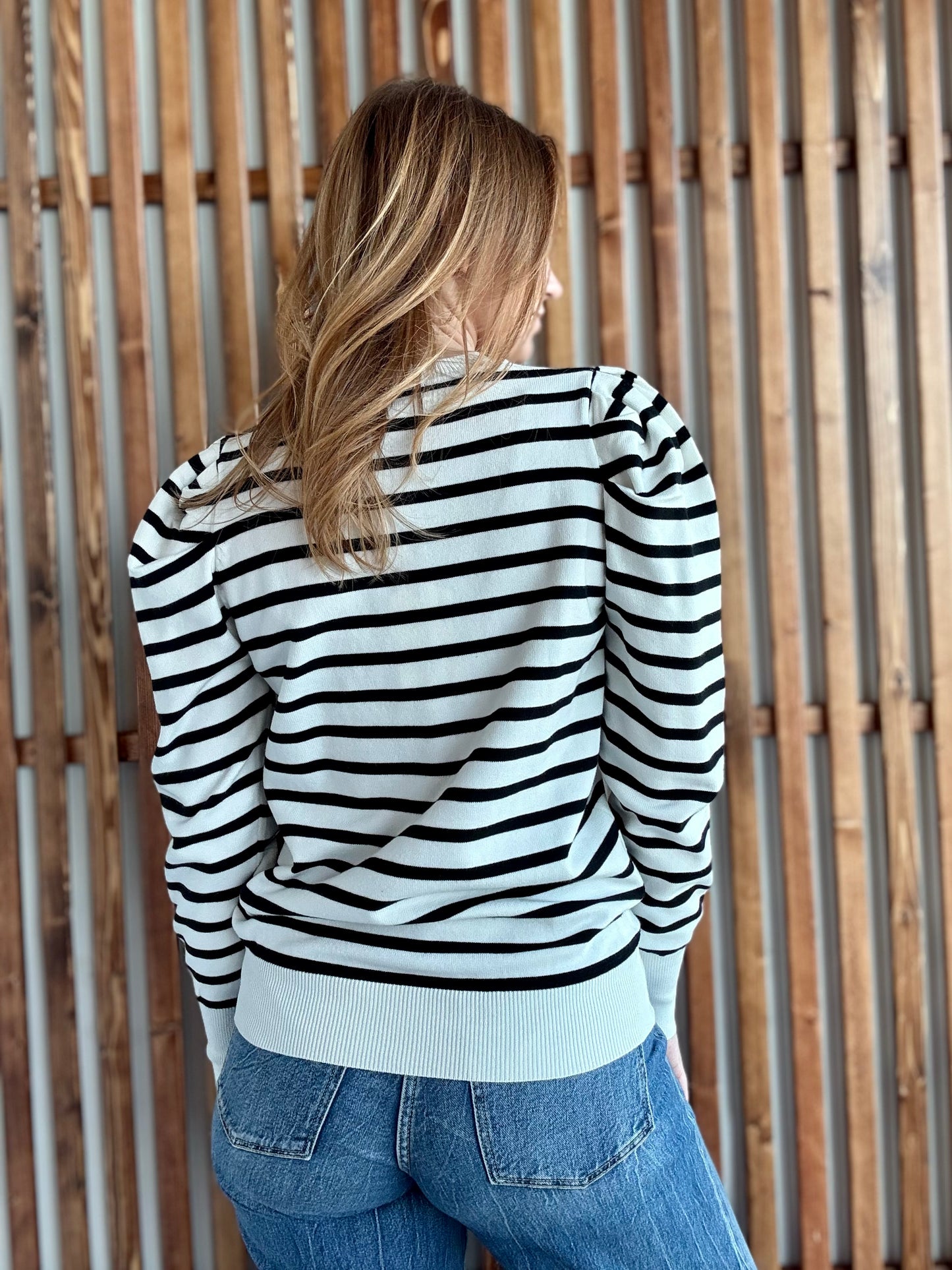 Crew Neck Puff Sleeve Striped Knit Sweater