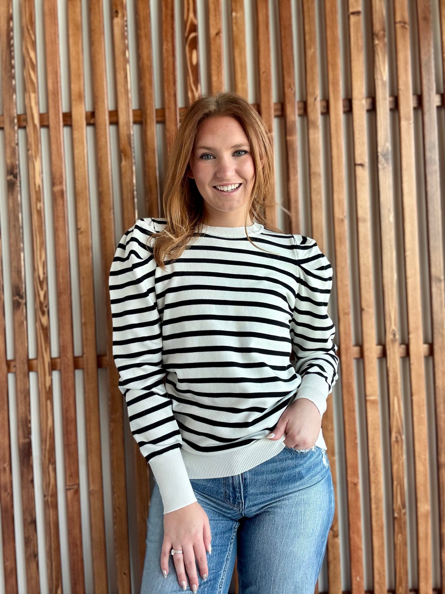 Crew Neck Puff Sleeve Striped Knit Sweater