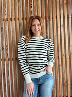 Crew Neck Puff Sleeve Striped Knit Sweater