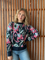 Paisley Knit Sweater with Ribbed Trim - Navy/Pink