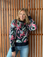 Paisley Knit Sweater with Ribbed Trim - Navy/Pink