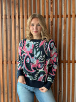 Paisley Knit Sweater with Ribbed Trim - Navy/Pink