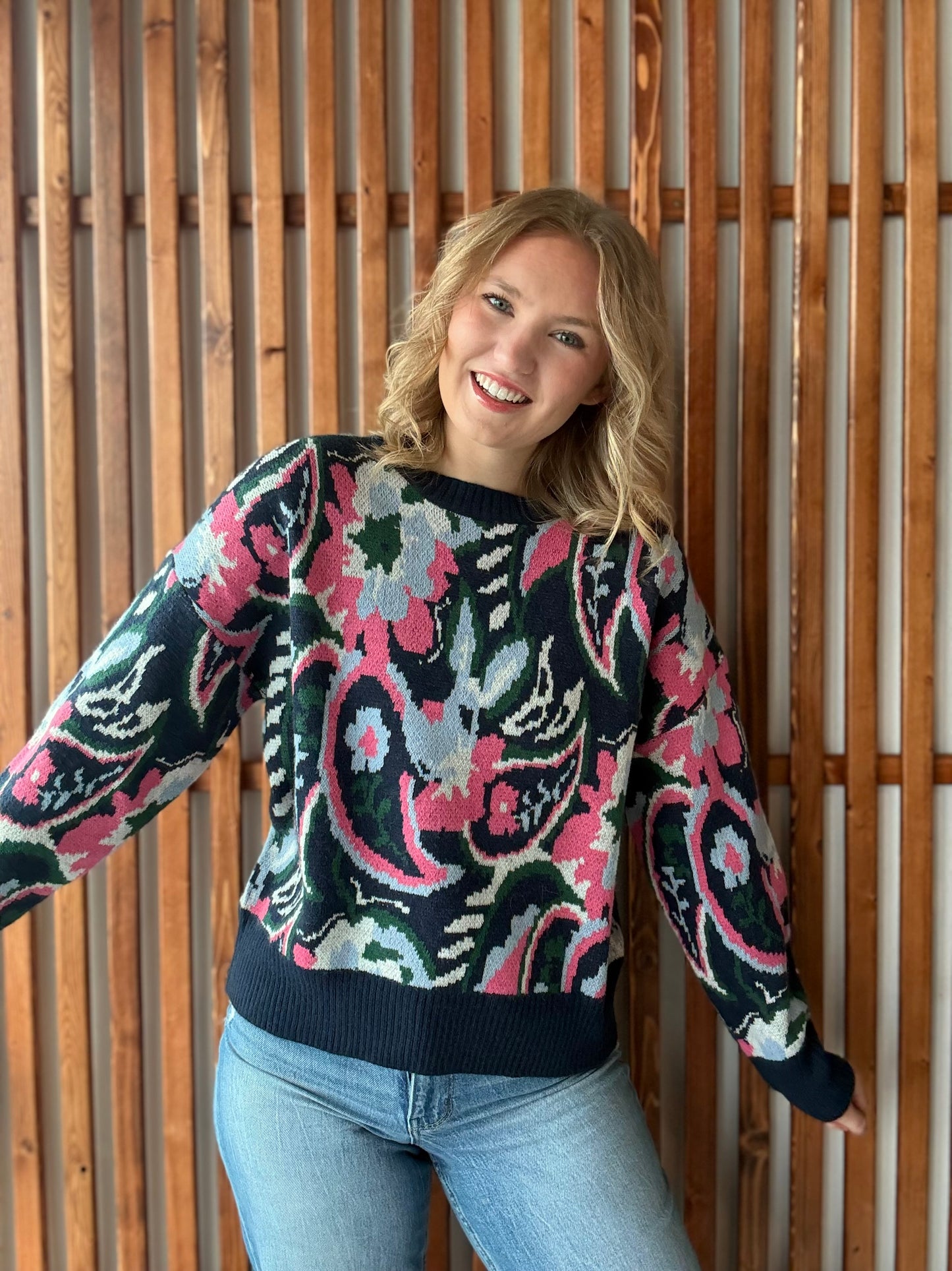 Paisley Knit Sweater with Ribbed Trim - Navy/Pink
