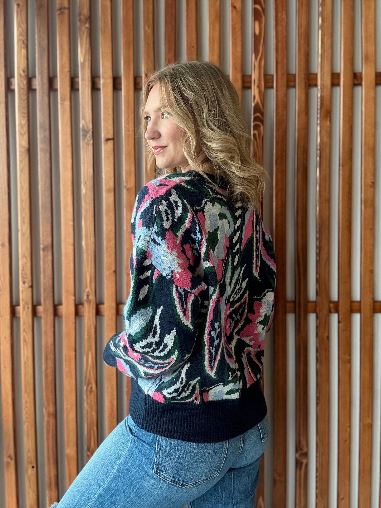 Paisley Knit Sweater with Ribbed Trim - Navy/Pink