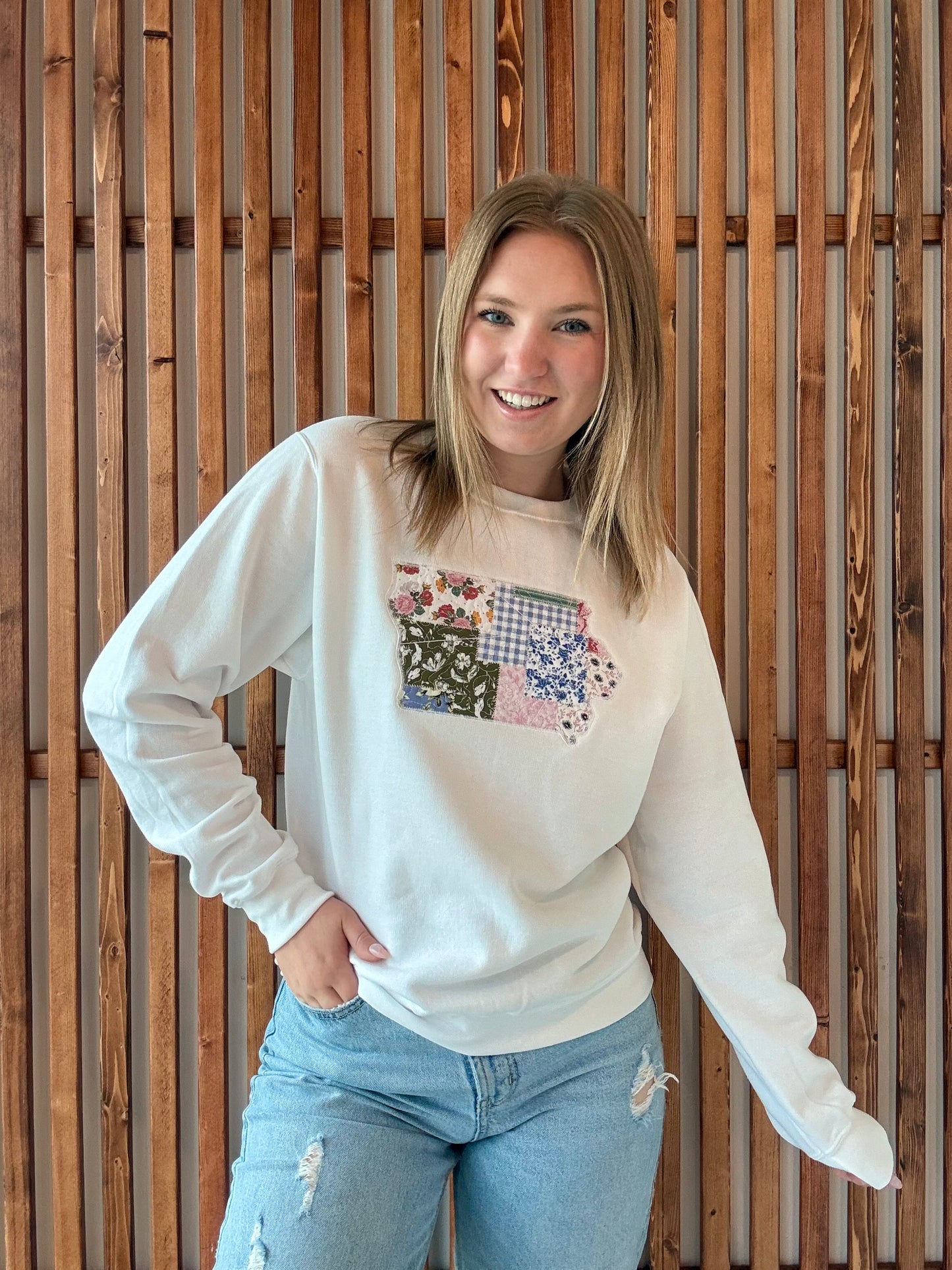 Quilted Patchwork Iowa Sweatshirt - White