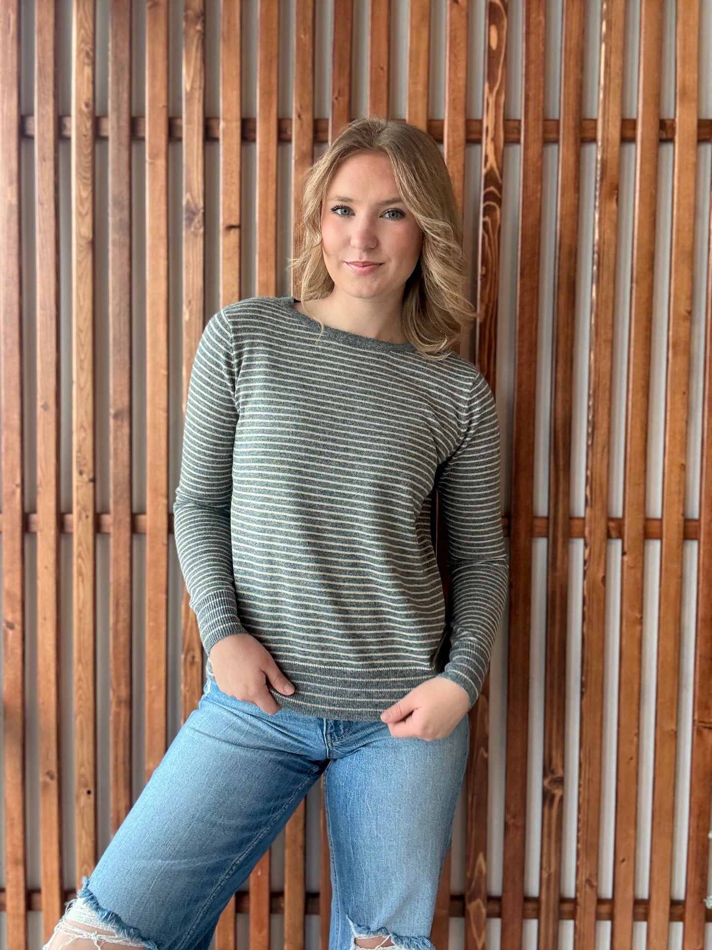 Striped Crew Neck Long Sleeve - Grey