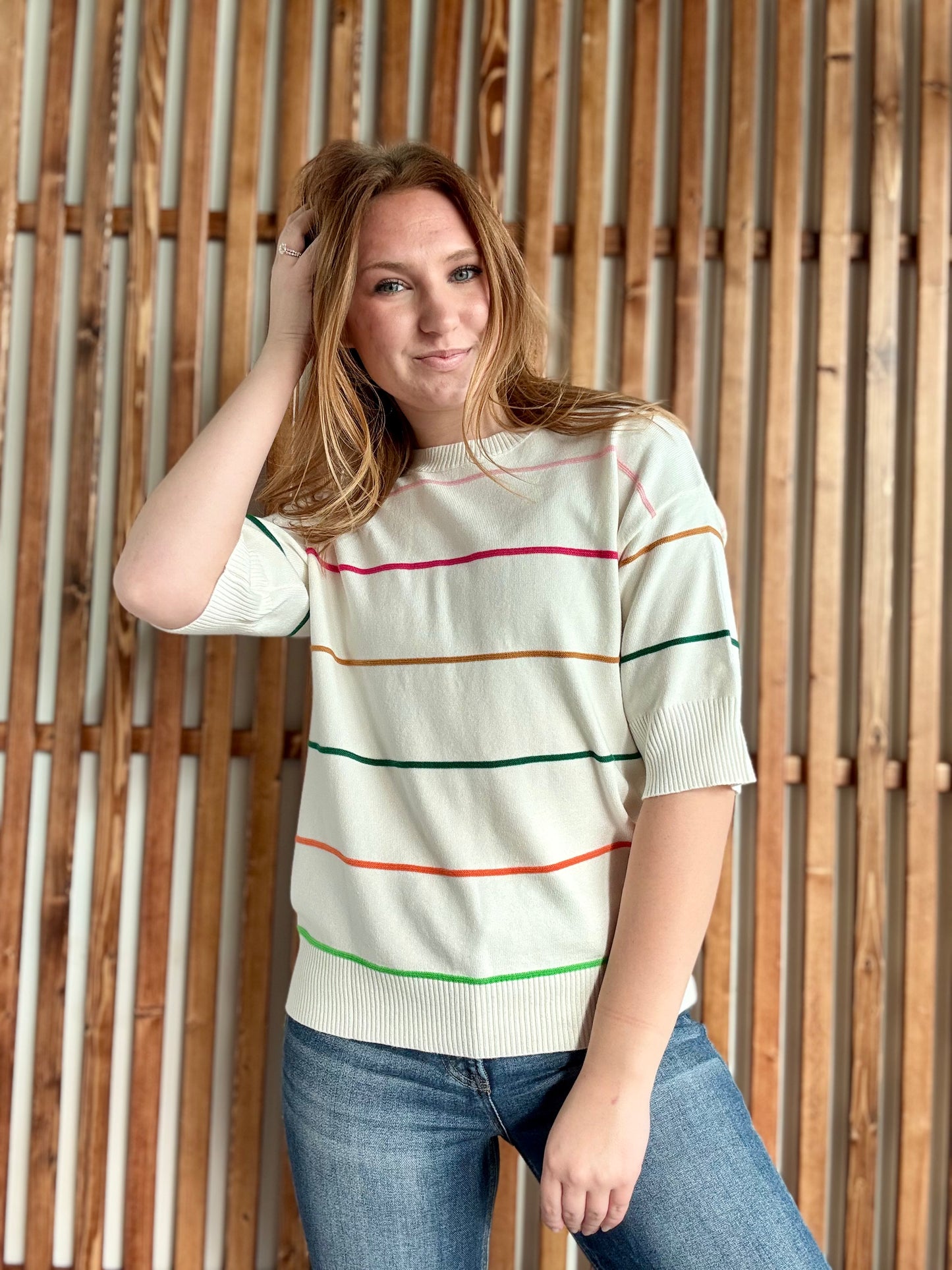 Colorful Stripe Short Sleeve Sweater