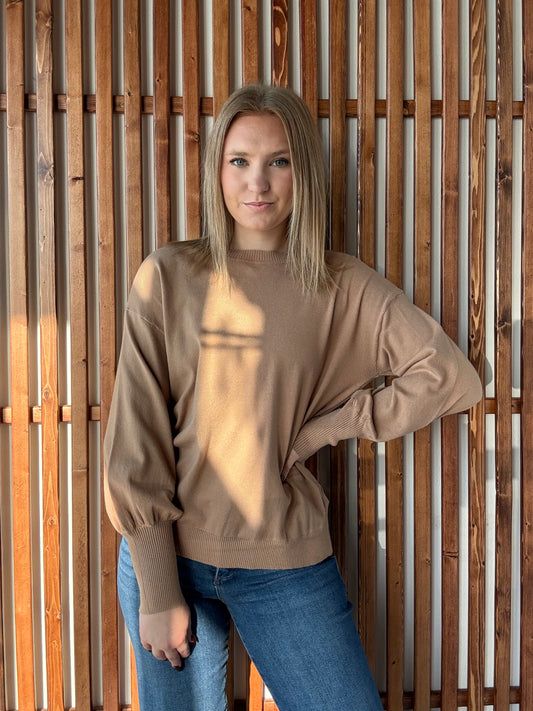 Crew Neck Balloon Long-Sleeve Sweater - Taupe