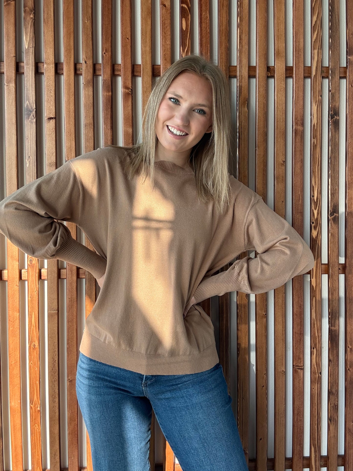 Crew Neck Balloon Long-Sleeve Sweater - Taupe