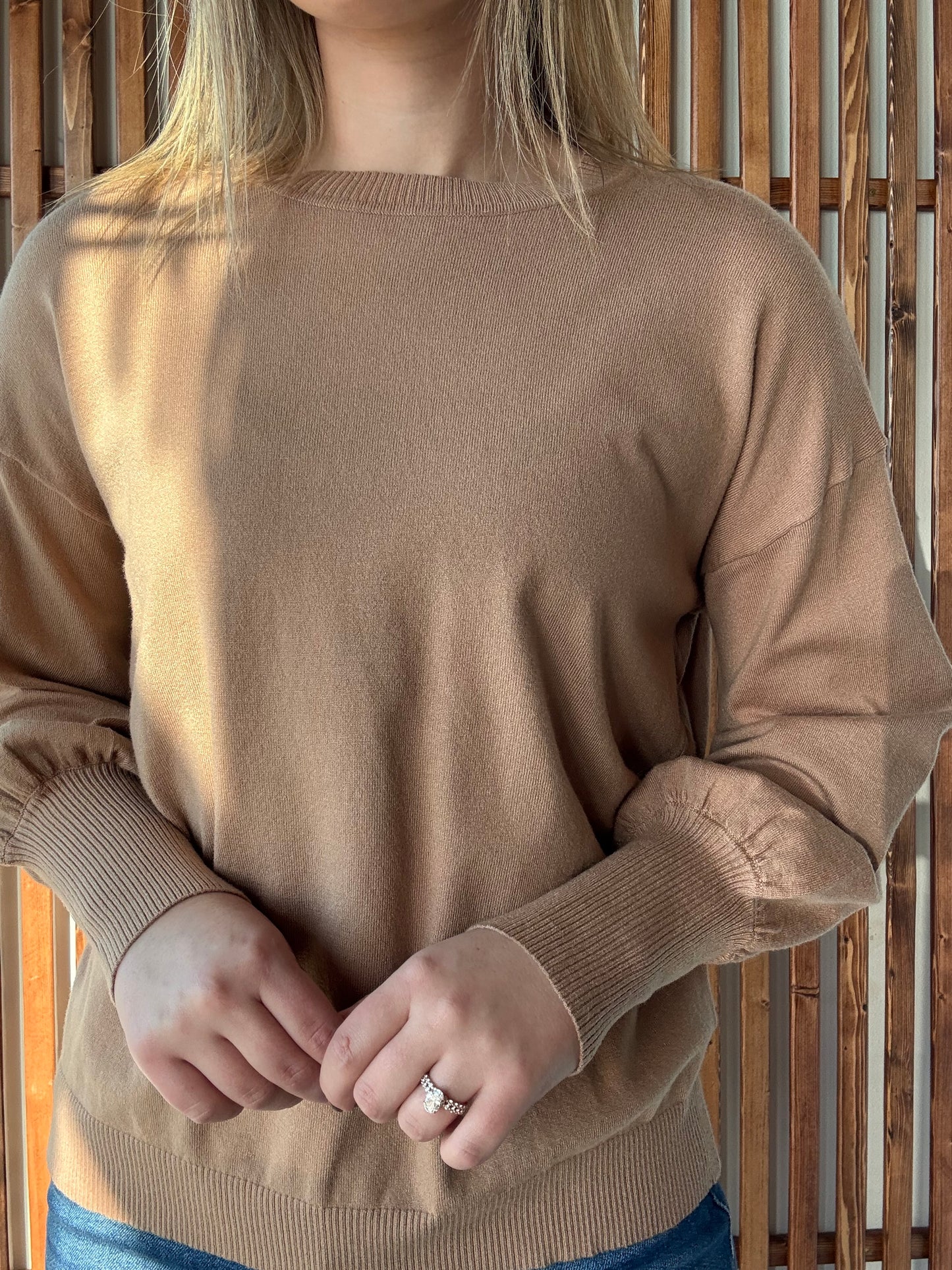 Crew Neck Balloon Long-Sleeve Sweater - Taupe