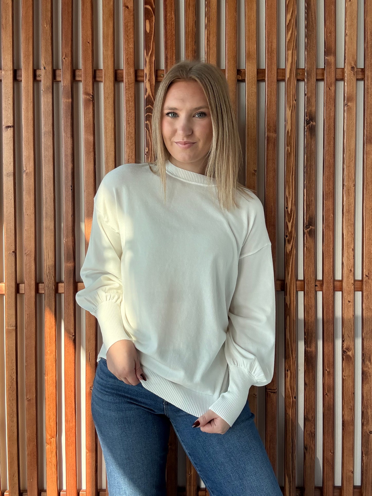 Crew Neck Balloon Long-Sleeve Sweater - Off White