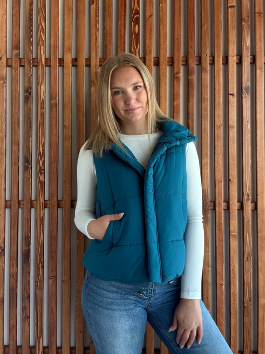 High Neck Puffer Vest - Teal