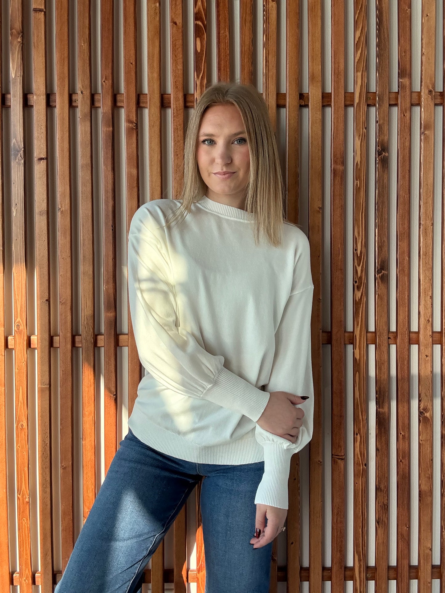 Crew Neck Balloon Long-Sleeve Sweater - Off White