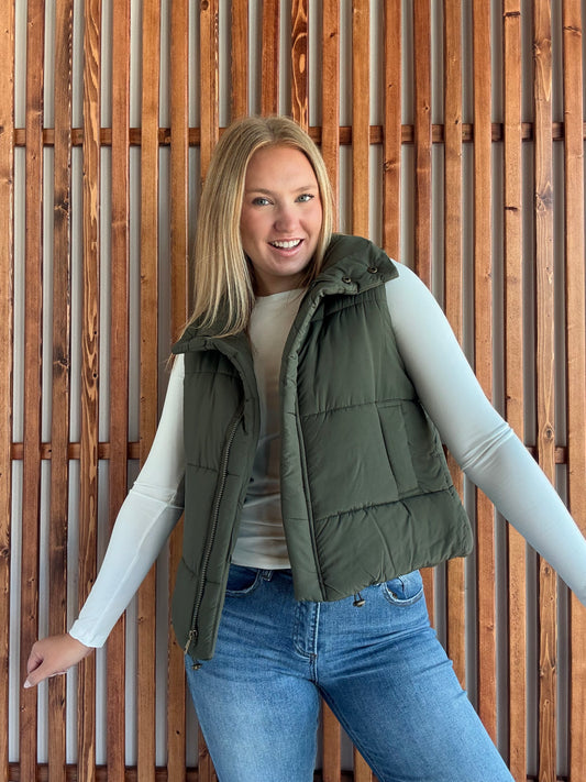 High Neck Puffer Vest - Dark Olive