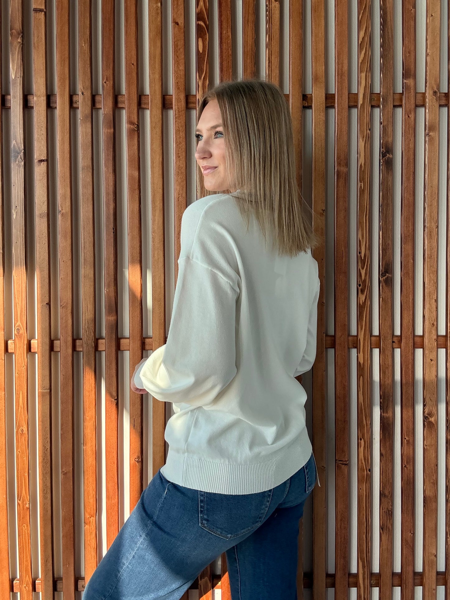 Crew Neck Balloon Long-Sleeve Sweater - Off White