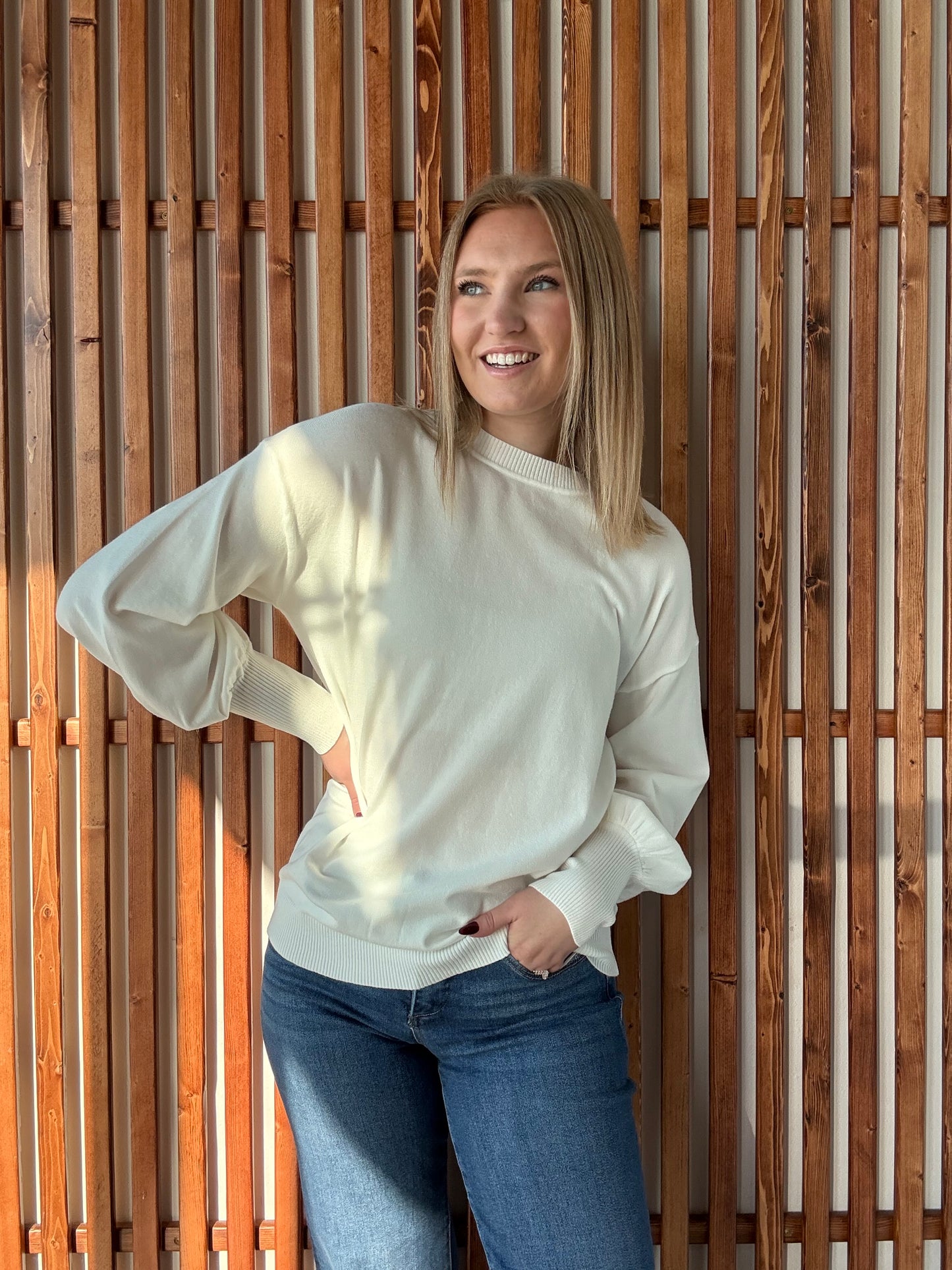 Crew Neck Balloon Long-Sleeve Sweater - Off White