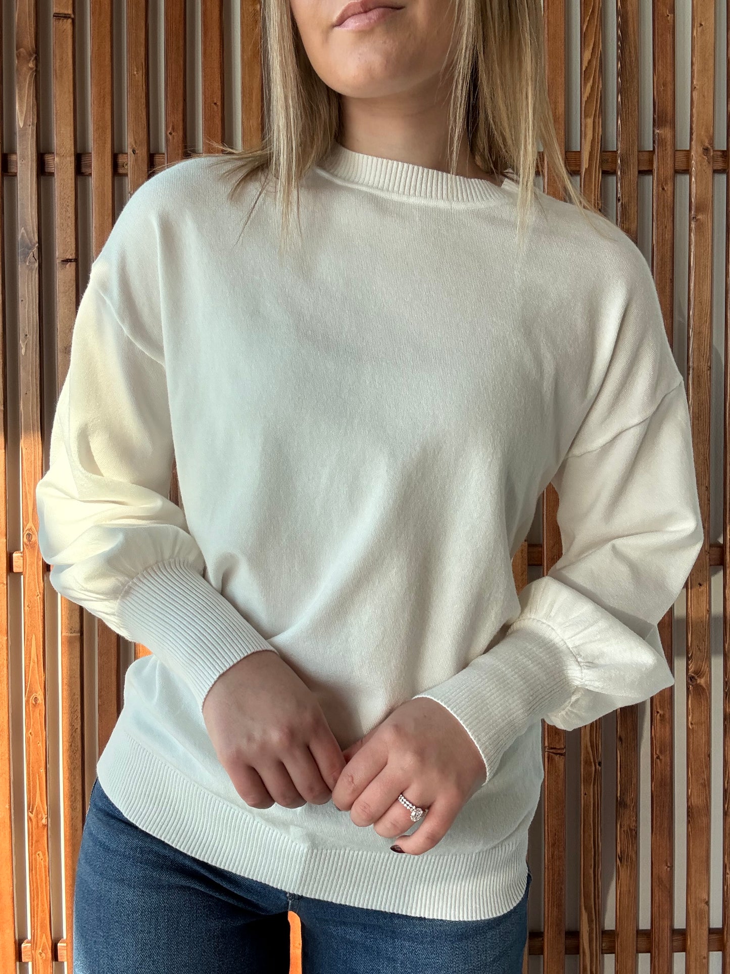 Crew Neck Balloon Long-Sleeve Sweater - Off White