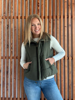 High Neck Puffer Vest - Dark Olive