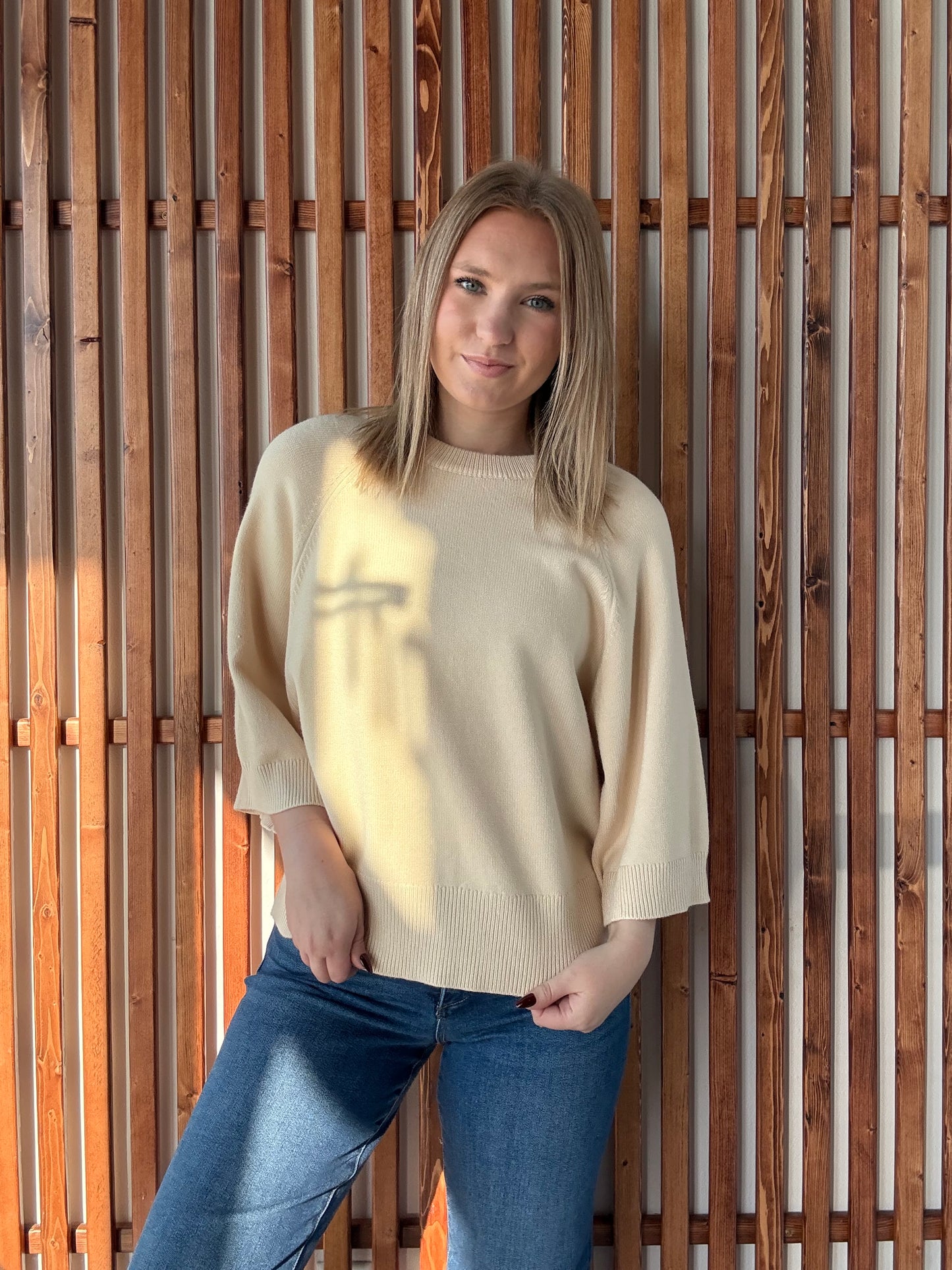 Drop Shoulder Elbow Sleeve Sweater - Cream