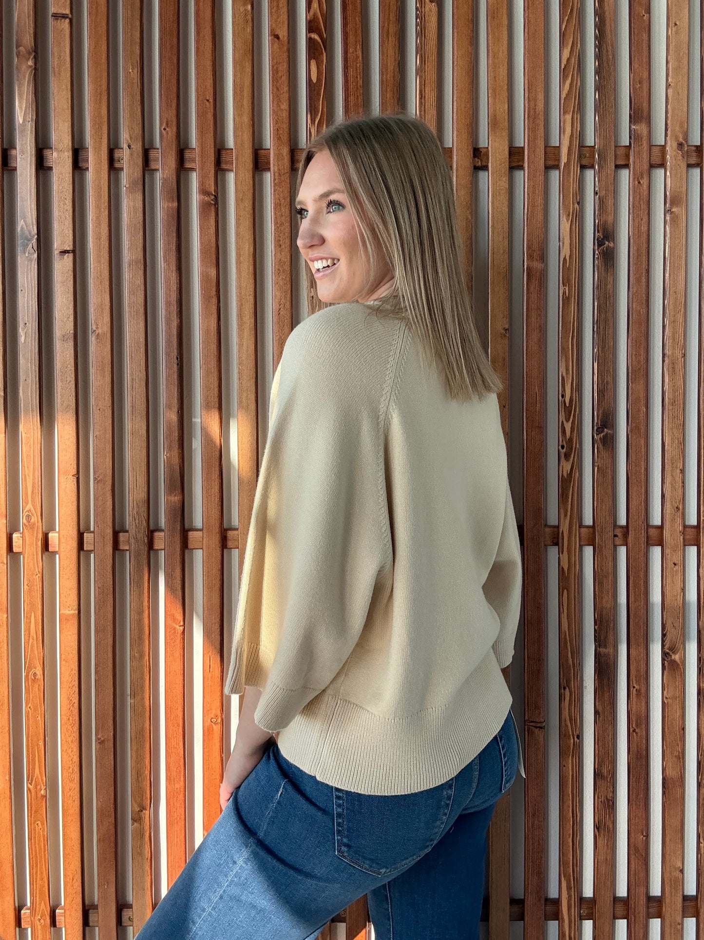 Drop Shoulder Elbow Sleeve Sweater - Cream