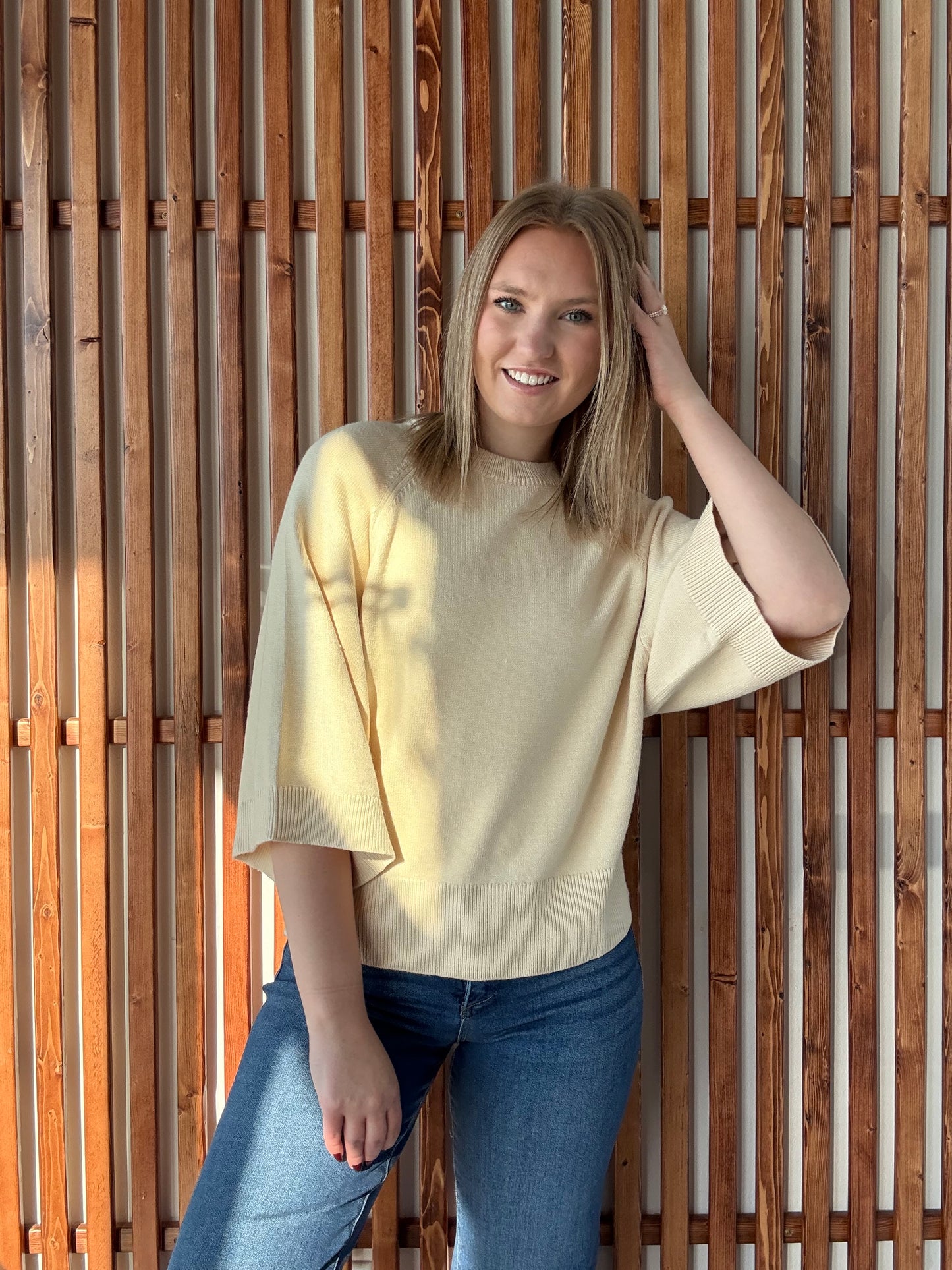 Drop Shoulder Elbow Sleeve Sweater - Cream