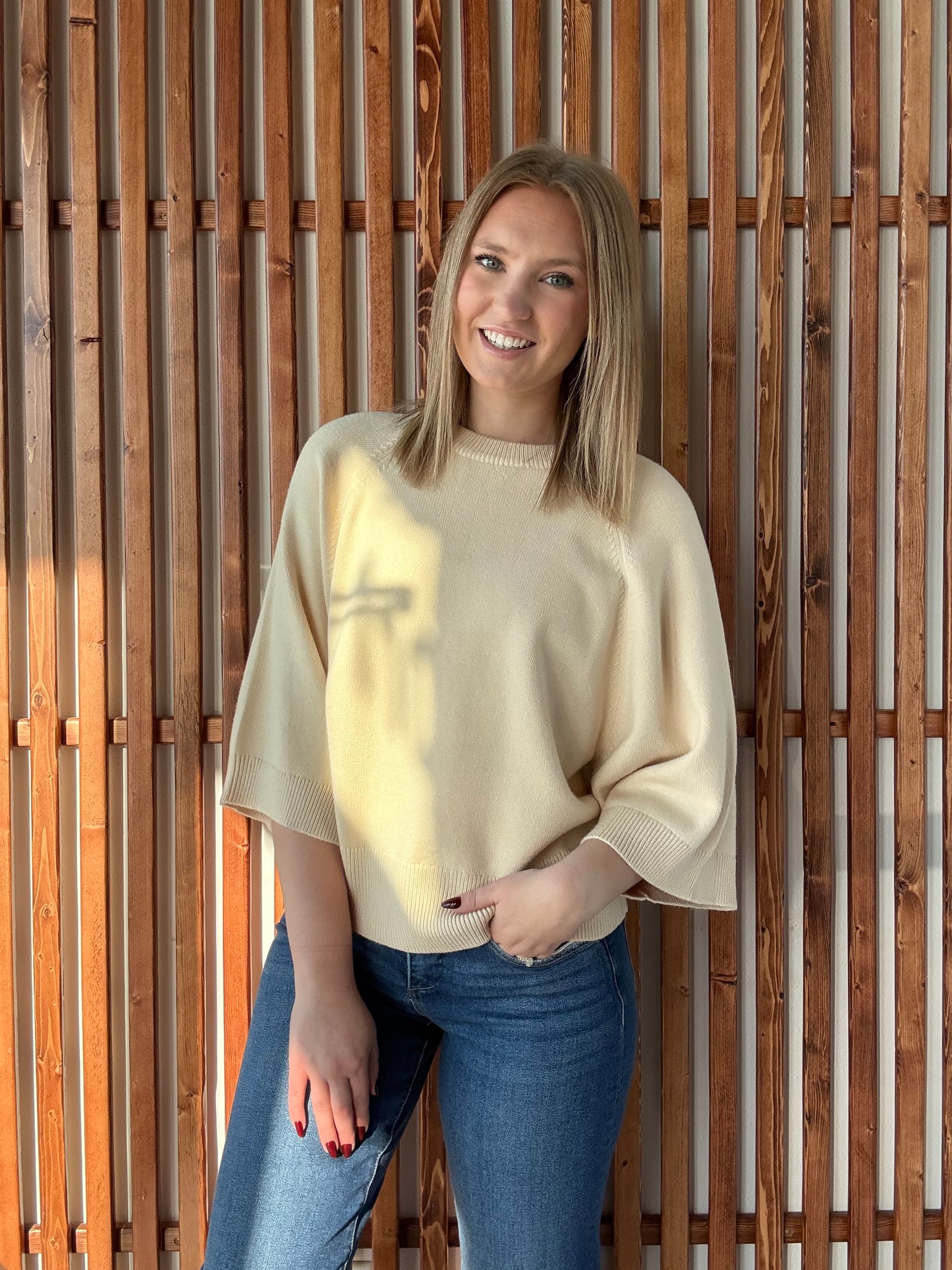 Drop Shoulder Elbow Sleeve Sweater - Cream