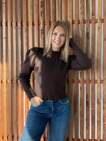 Ribbed Puff Sleeve Sweater - Chocolate