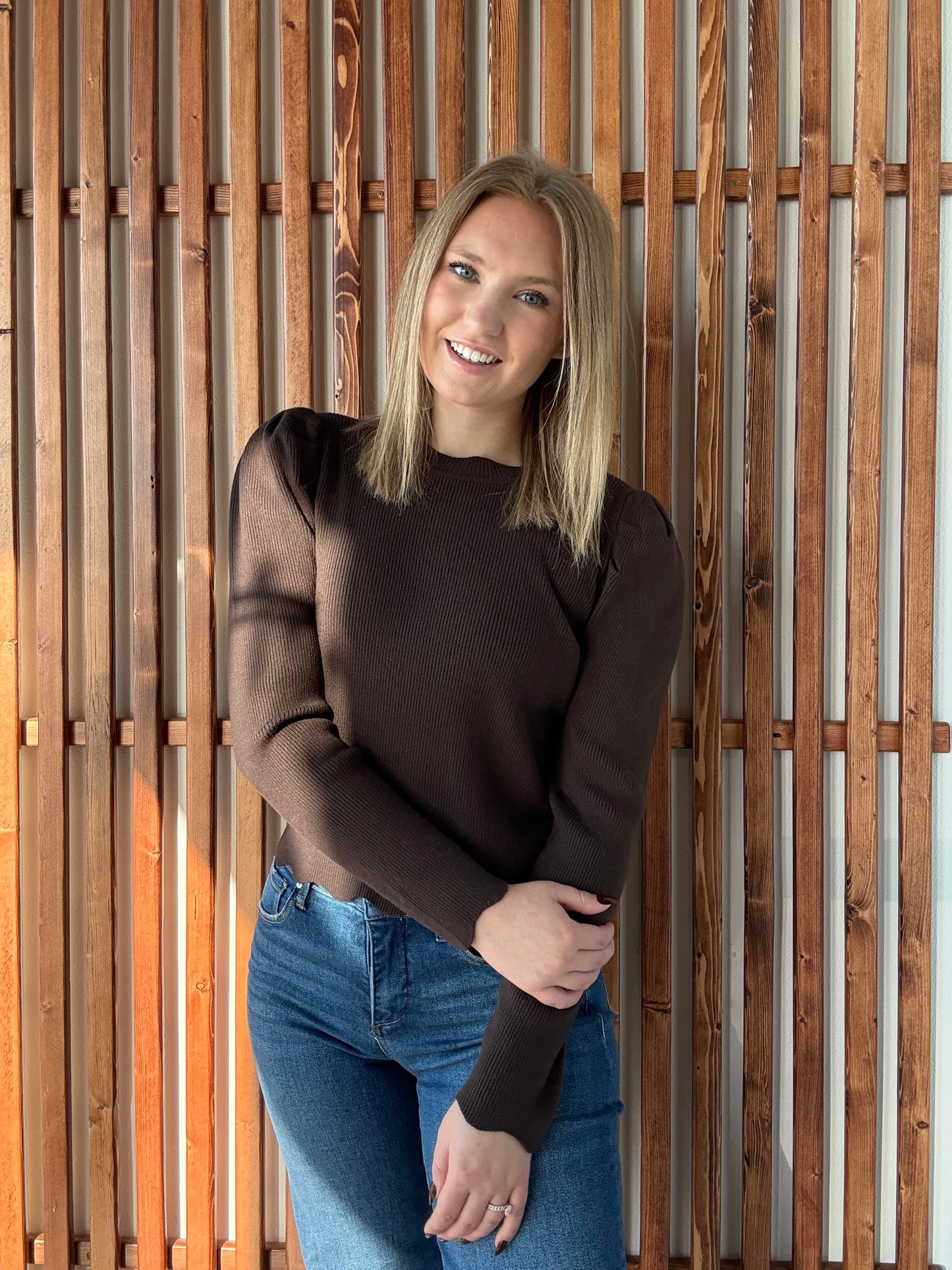 Ribbed Puff Sleeve Sweater - Chocolate