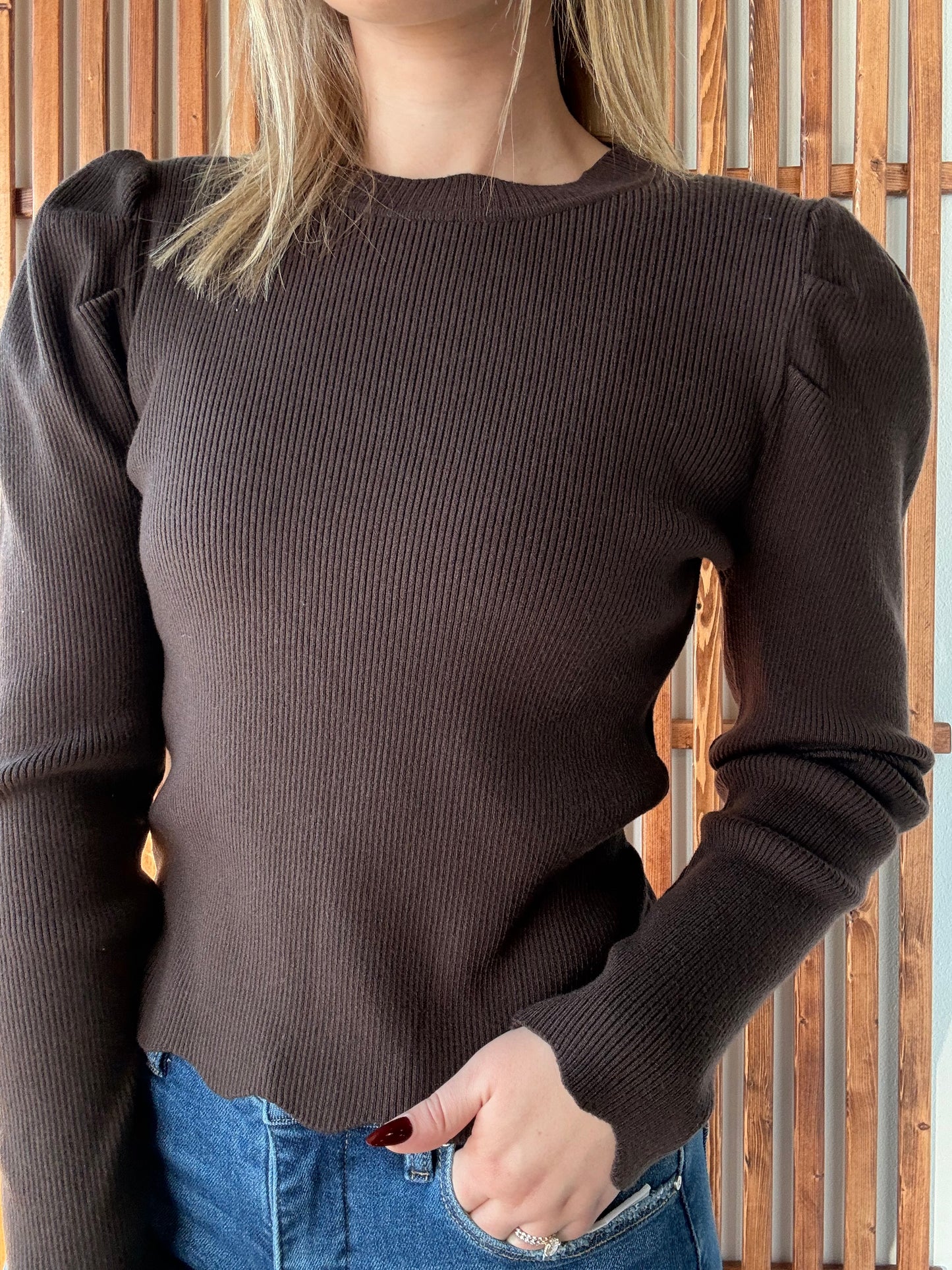 Ribbed Puff Sleeve Sweater - Chocolate