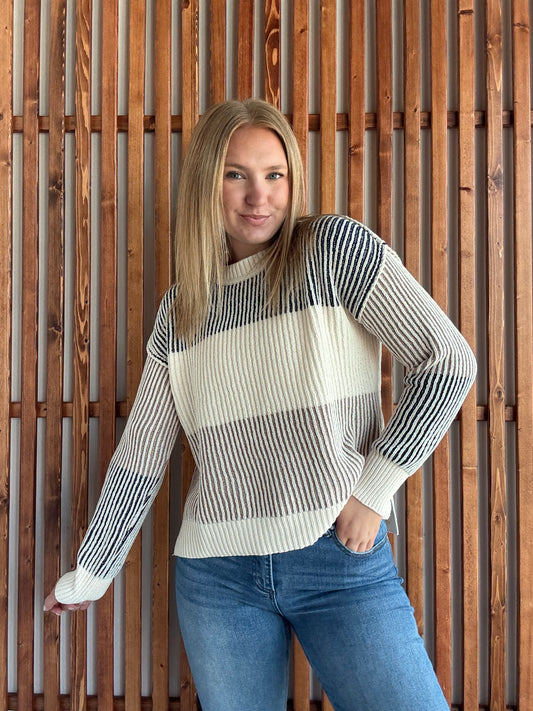 Soft Ribbed Neutral Color Block Sweater