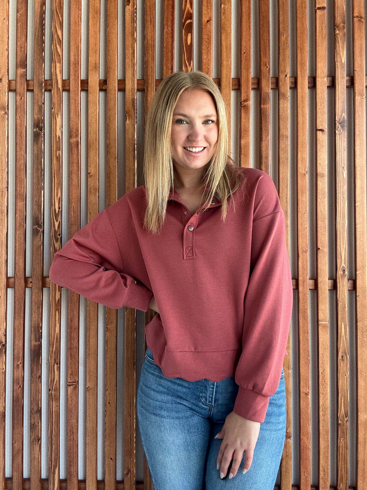 Luxeknit Scallop Hem Snap Pullover - Rosewood