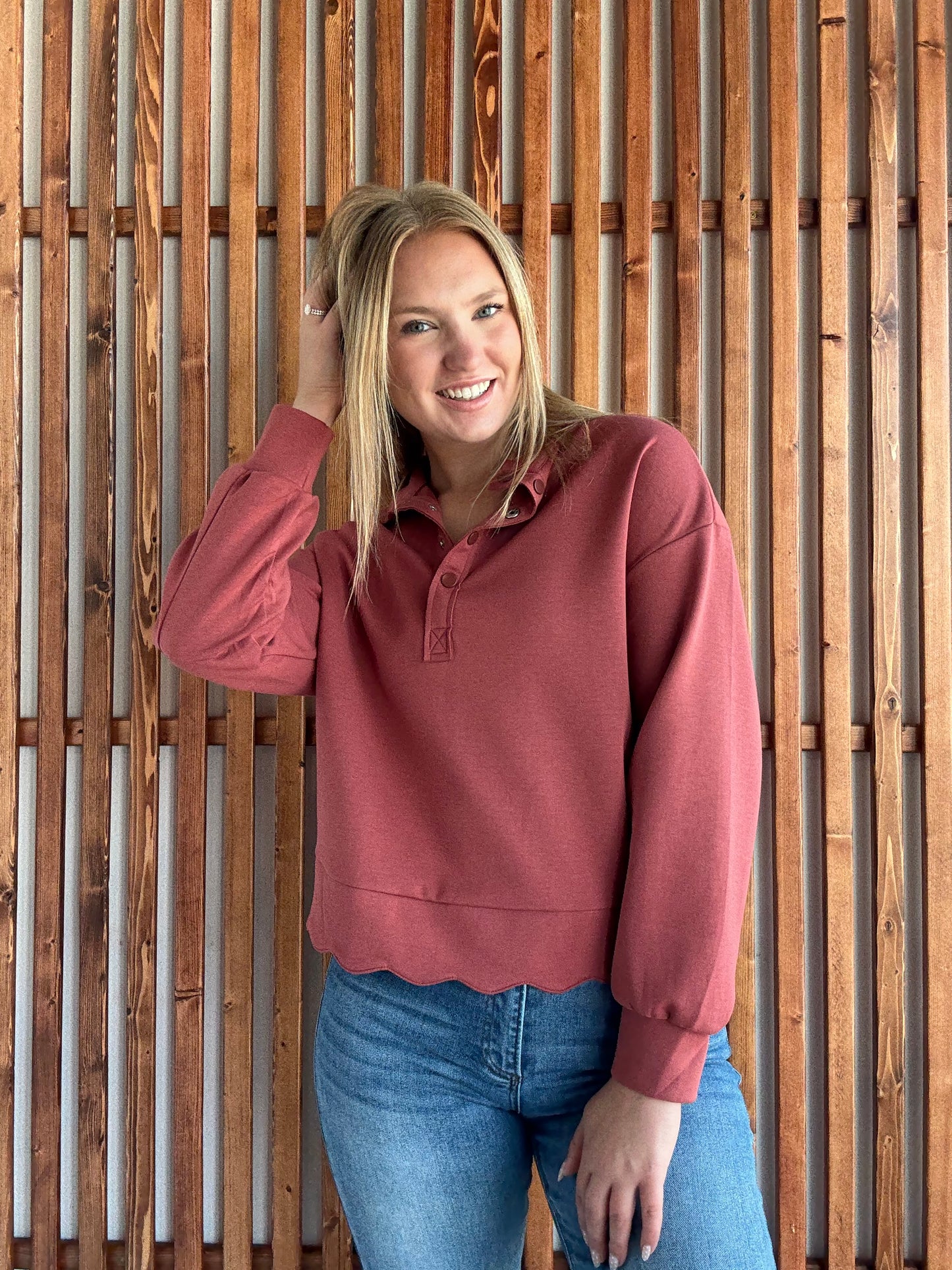 Luxeknit Scallop Hem Snap Pullover - Rosewood