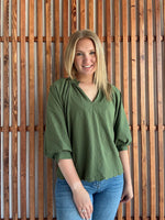Split V Neck Top with Balloon Sleeves - Olive