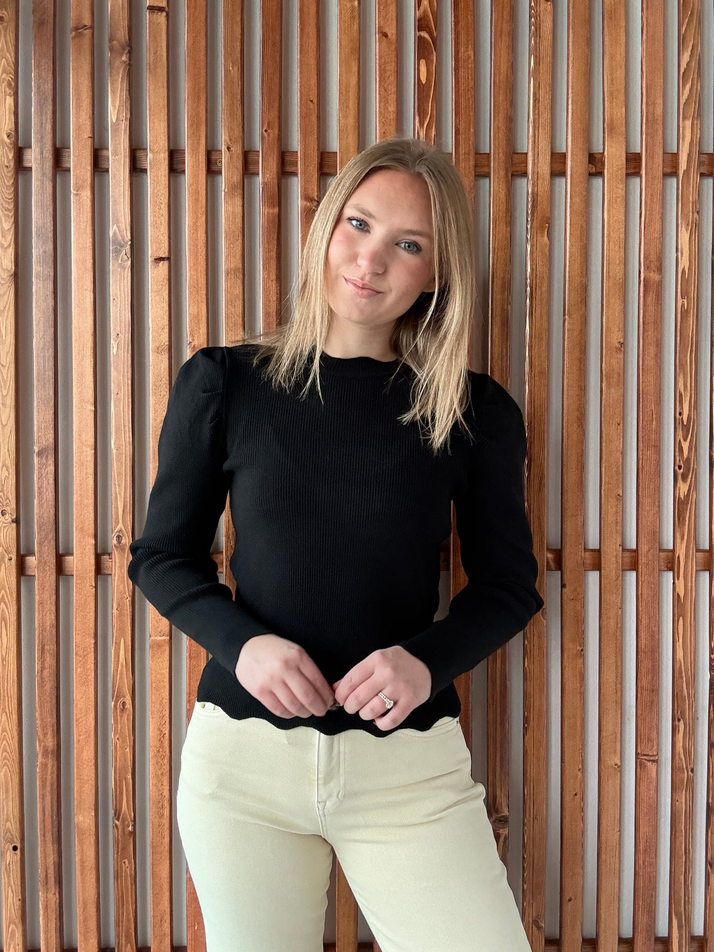 Ribbed Puff Sleeve Sweater - Black