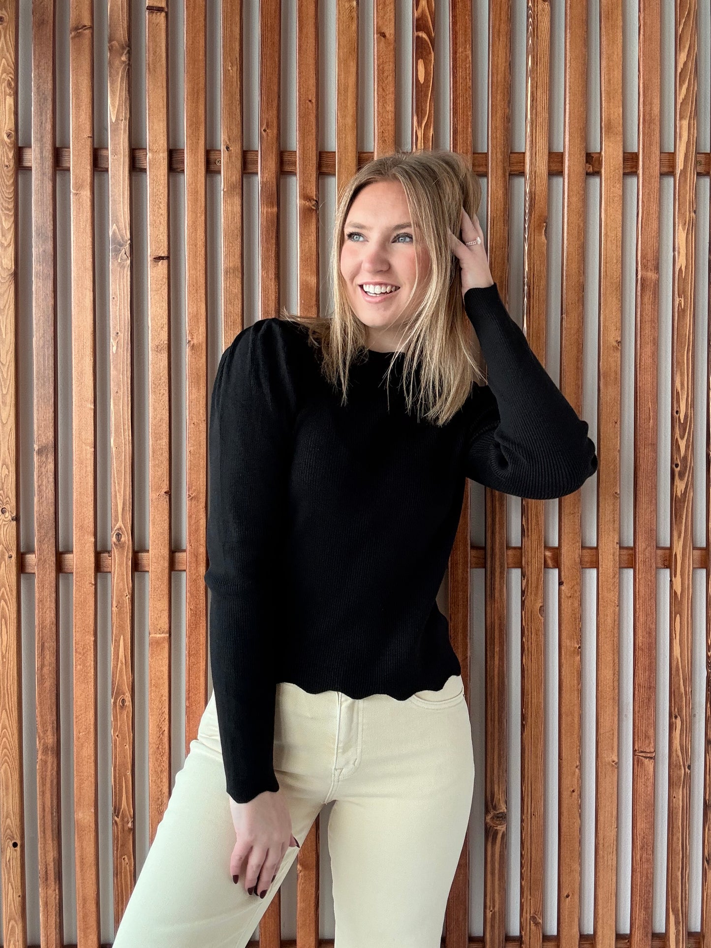 Ribbed Puff Sleeve Sweater - Black